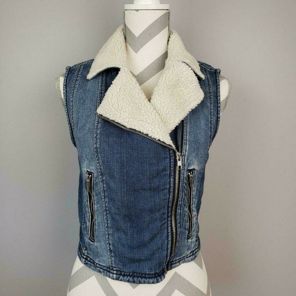 Bullhead Denim Blue Jean Vest Moto Jacket Full Zip Shearling Sherpa Lined NWOT